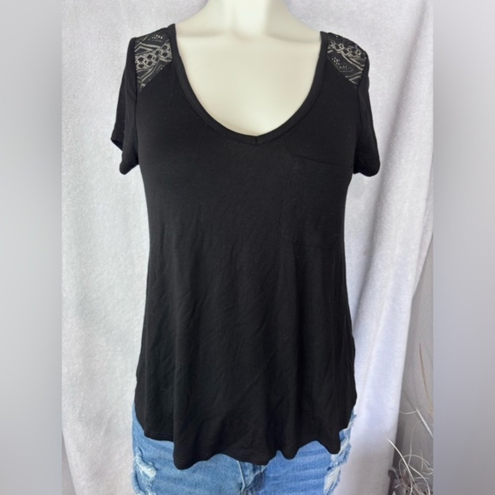 Black V Neck Top with Lace Shoulders & Criss Cross Back - Casual